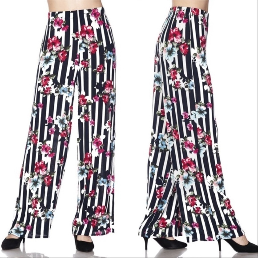 Wide legged floral striped trousers womens